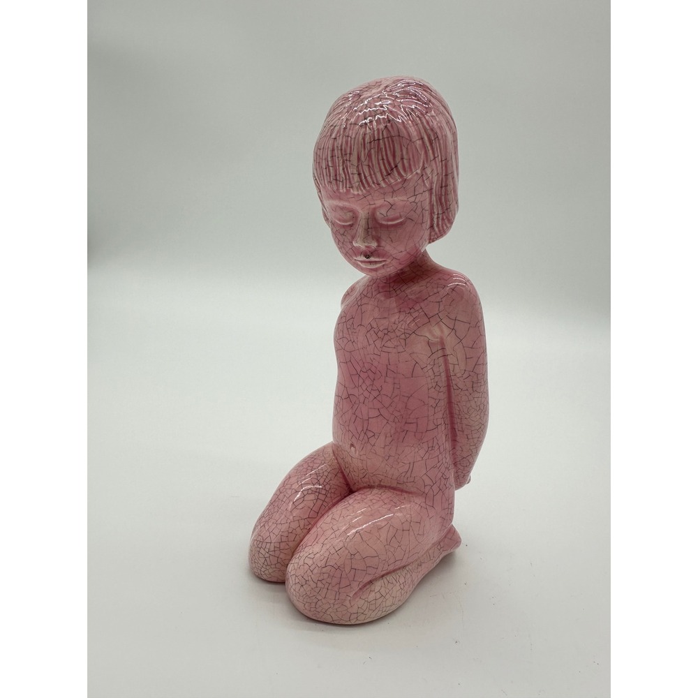 Art Deco‎ Vintage Figurine 1966 Kneeling Girl Pink Crackle Glaze MCM 8 in